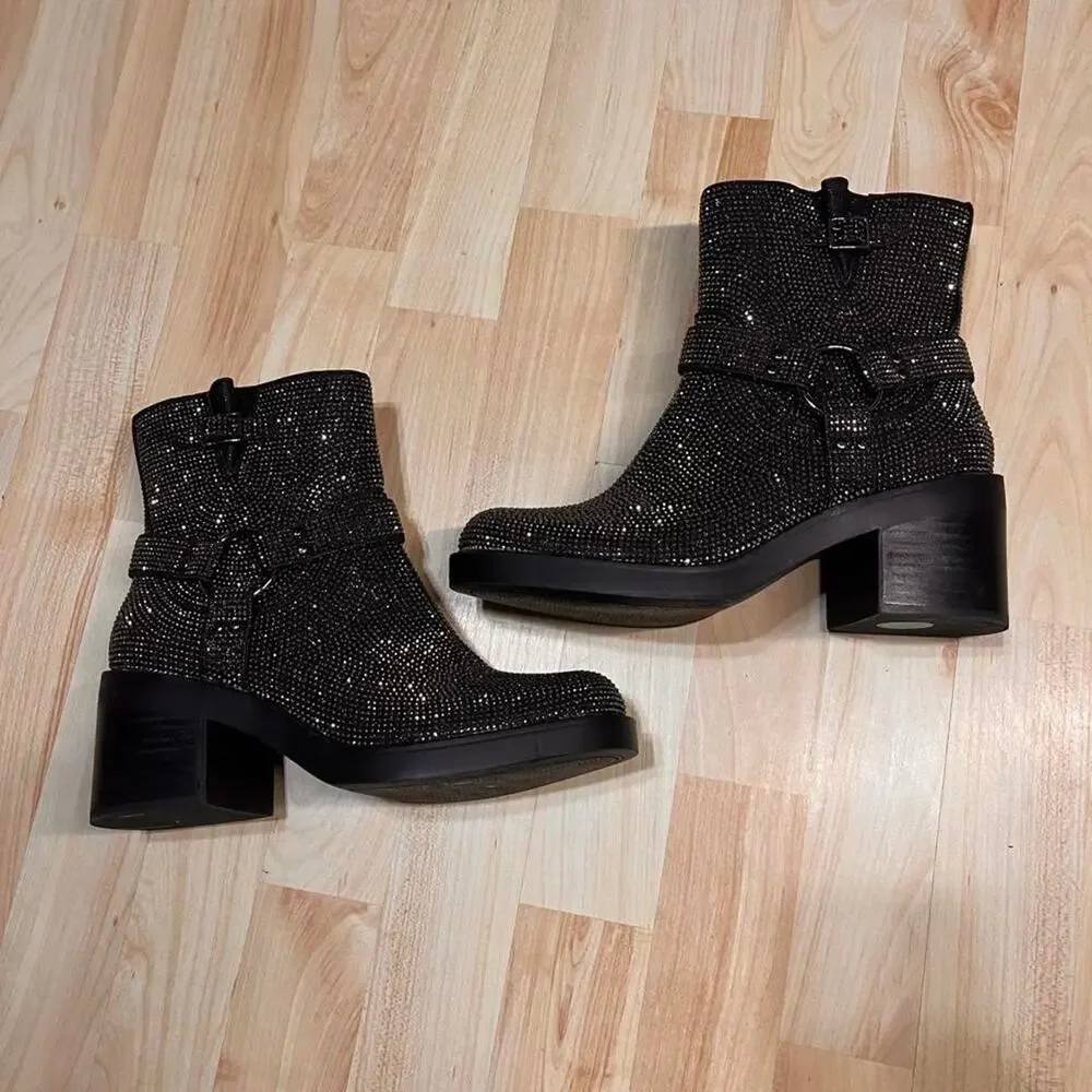Western Cowgirl Black Rhinestone Ankle Boots Sparkle Block Heel Size 7.5